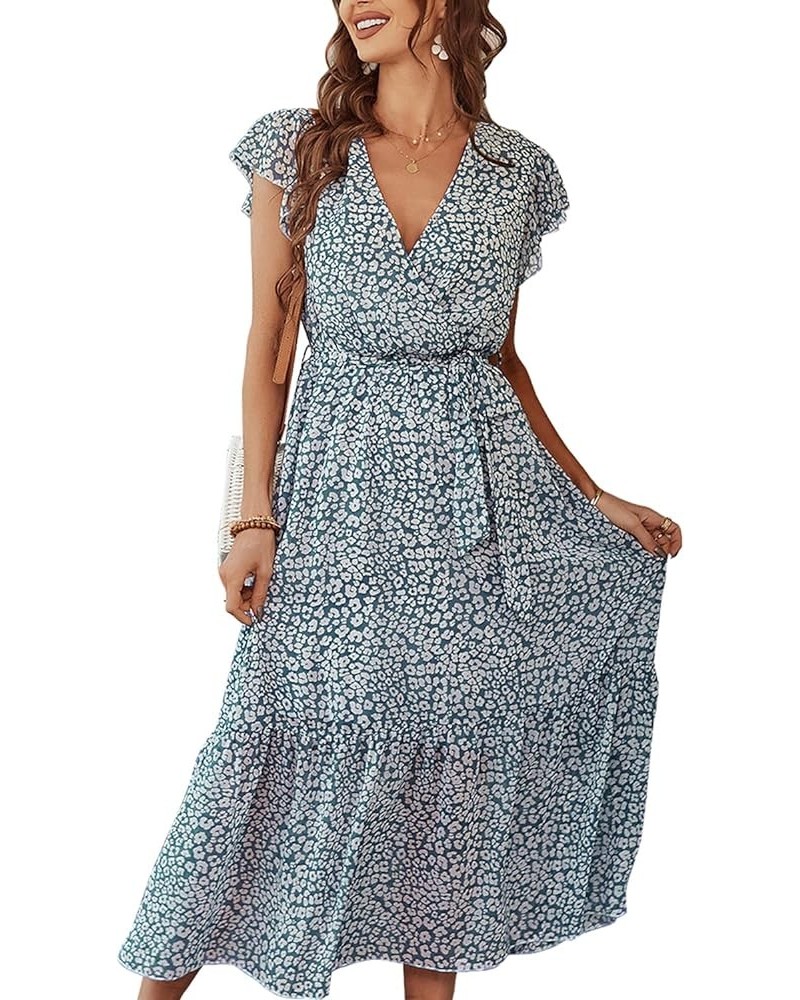 Womens Summer Casual Short Sleeve Floral Print Bohemian V Neck Flowy Midi Maxi Dress with Slit 023 Green $23.93 Dresses