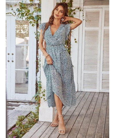 Womens Summer Casual Short Sleeve Floral Print Bohemian V Neck Flowy Midi Maxi Dress with Slit 023 Green $23.93 Dresses