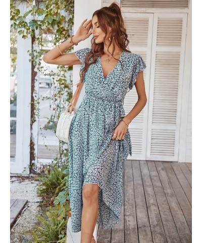 Womens Summer Casual Short Sleeve Floral Print Bohemian V Neck Flowy Midi Maxi Dress with Slit 023 Green $23.93 Dresses