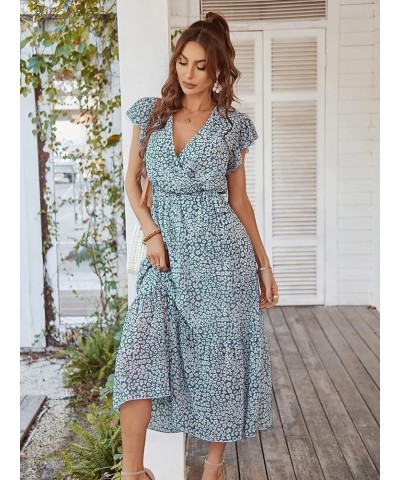 Womens Summer Casual Short Sleeve Floral Print Bohemian V Neck Flowy Midi Maxi Dress with Slit 023 Green $23.93 Dresses