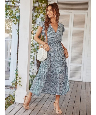 Womens Summer Casual Short Sleeve Floral Print Bohemian V Neck Flowy Midi Maxi Dress with Slit 023 Green $23.93 Dresses