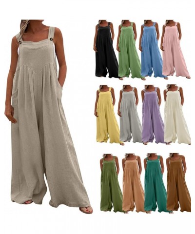 Women Casual Solid Wide Leg Overalls Pocket Romper Long Playsuit Strap Summer Loose Comfy Baggy Button Jumpsuit Beige $9.11 O...