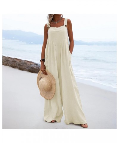 Women Casual Solid Wide Leg Overalls Pocket Romper Long Playsuit Strap Summer Loose Comfy Baggy Button Jumpsuit Beige $9.11 O...