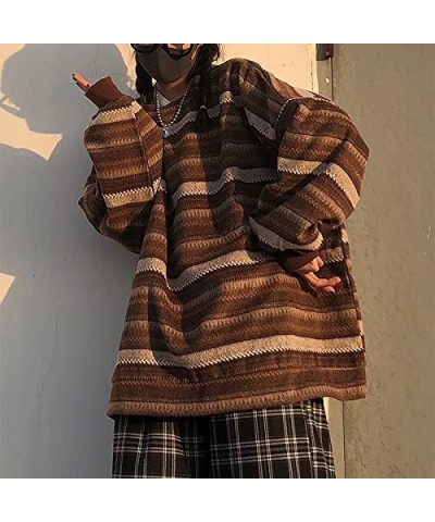 Womens Long Sleeve Crew Neck Cartoon Cow Print Knit Pullover Oversized Sweaters Graphic Jumper Striped Clothes Brown $12.74 S...