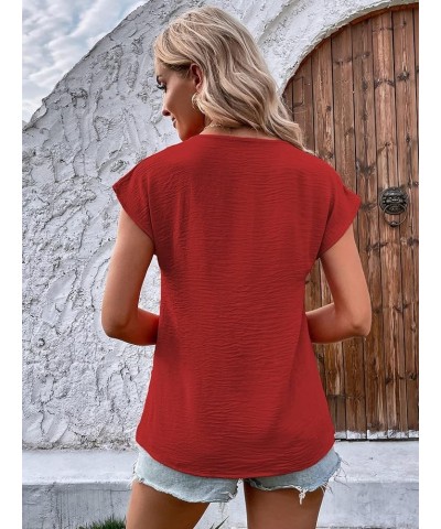 Women's Casual Button Front V Neck Cap Sleeve Blouse Top Work Office Shirt Red $14.57 Blouses