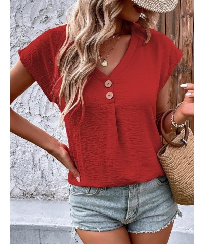 Women's Casual Button Front V Neck Cap Sleeve Blouse Top Work Office Shirt Red $14.57 Blouses