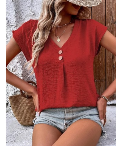 Women's Casual Button Front V Neck Cap Sleeve Blouse Top Work Office Shirt Red $14.57 Blouses