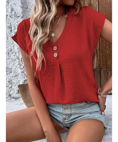 Women's Casual Button Front V Neck Cap Sleeve Blouse Top Work Office Shirt Red $14.57 Blouses