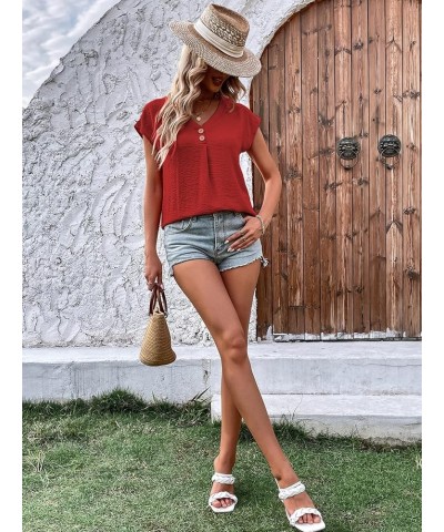 Women's Casual Button Front V Neck Cap Sleeve Blouse Top Work Office Shirt Red $14.57 Blouses