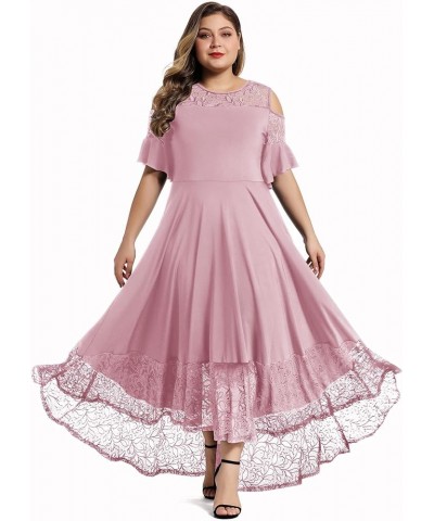 Womens Plus Size Lace Cold Shoulder Casual Long Plain Evening Party Maxi Dress L-5X Pink $19.68 Dresses