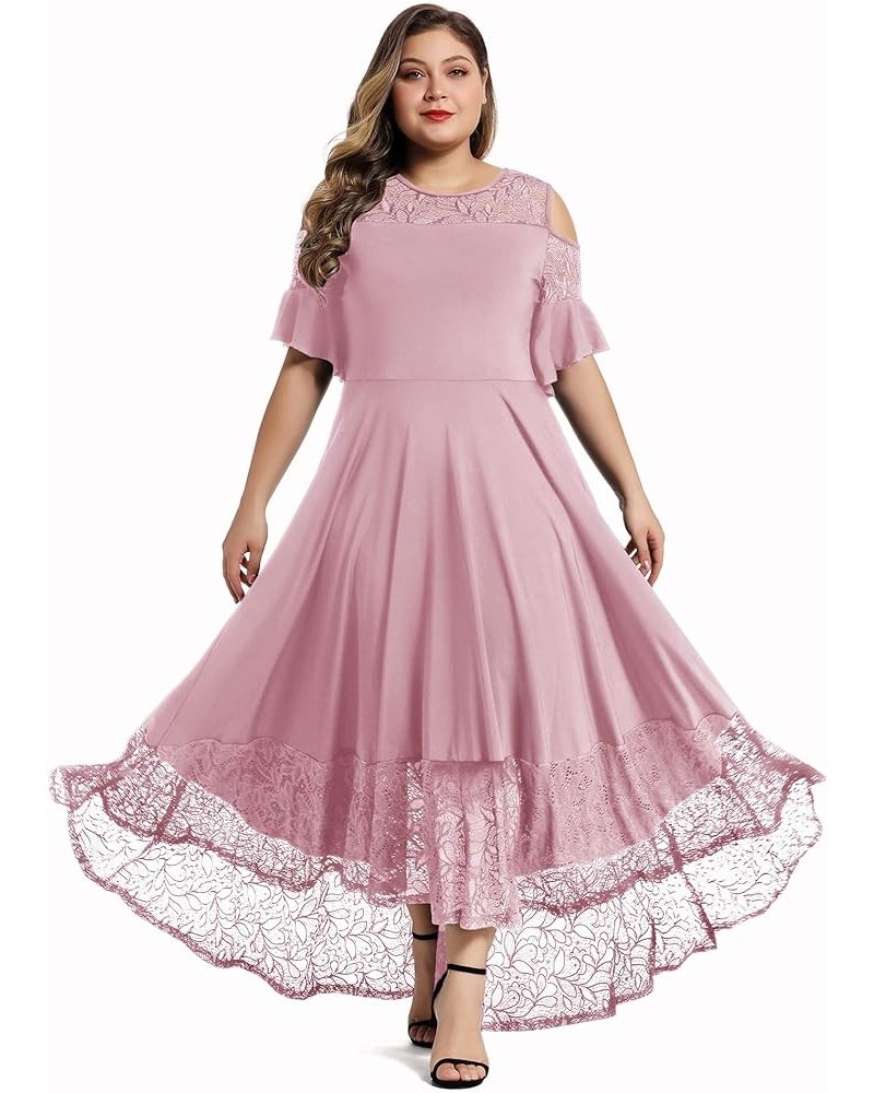 Womens Plus Size Lace Cold Shoulder Casual Long Plain Evening Party Maxi Dress L-5X Pink $19.68 Dresses