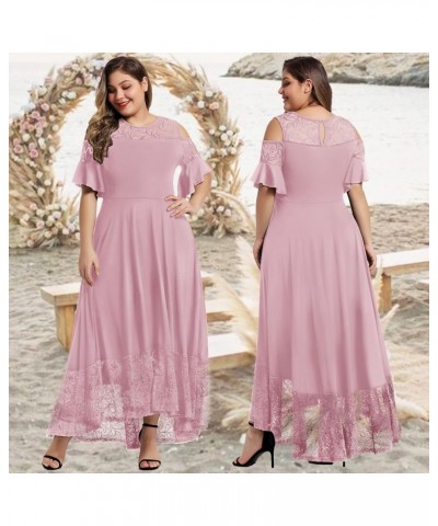 Womens Plus Size Lace Cold Shoulder Casual Long Plain Evening Party Maxi Dress L-5X Pink $19.68 Dresses