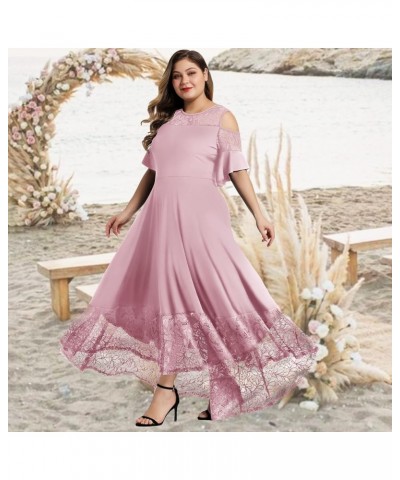 Womens Plus Size Lace Cold Shoulder Casual Long Plain Evening Party Maxi Dress L-5X Pink $19.68 Dresses