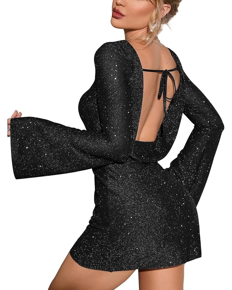 Women's Sparkly Sequin Backless Tie Mini Dress Long Sleeve Glitter Bodycon Party Club Dresses Black $31.26 Dresses