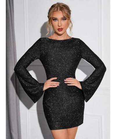 Women's Sparkly Sequin Backless Tie Mini Dress Long Sleeve Glitter Bodycon Party Club Dresses Black $31.26 Dresses