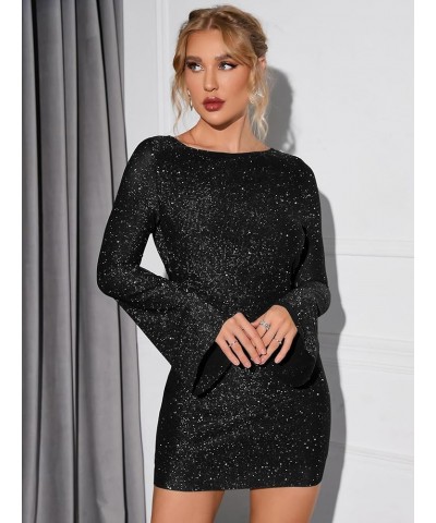 Women's Sparkly Sequin Backless Tie Mini Dress Long Sleeve Glitter Bodycon Party Club Dresses Black $31.26 Dresses