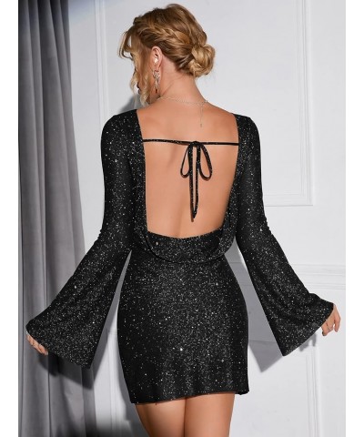 Women's Sparkly Sequin Backless Tie Mini Dress Long Sleeve Glitter Bodycon Party Club Dresses Black $31.26 Dresses