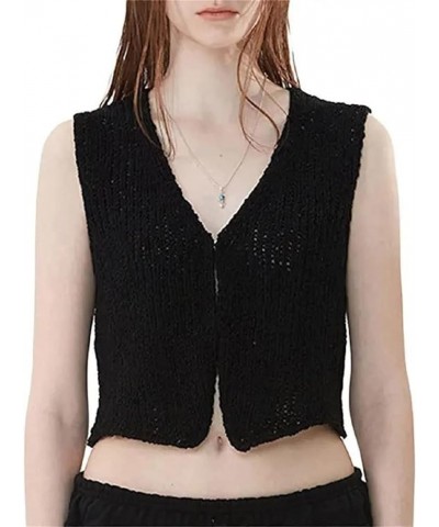 Women Y2k Button Down Crochet Knit Vest Sleeveless Hollow Out Crop Tops Vintage Casual V-Neck Versatile Streetwear Black $7.2...