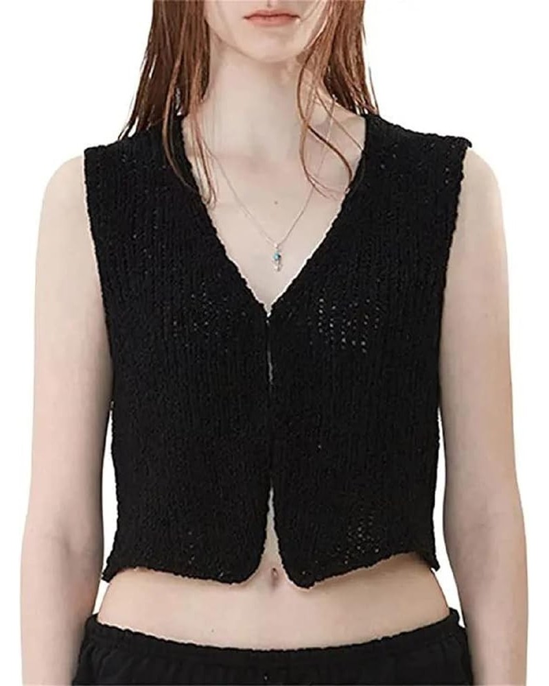 Women Y2k Button Down Crochet Knit Vest Sleeveless Hollow Out Crop Tops Vintage Casual V-Neck Versatile Streetwear Black $7.2...