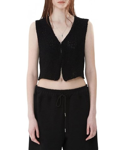 Women Y2k Button Down Crochet Knit Vest Sleeveless Hollow Out Crop Tops Vintage Casual V-Neck Versatile Streetwear Black $7.2...