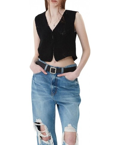 Women Y2k Button Down Crochet Knit Vest Sleeveless Hollow Out Crop Tops Vintage Casual V-Neck Versatile Streetwear Black $7.2...