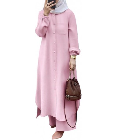 Women's Muslim Suit Long Sleeve Long Shirt Dress with Long Pants Abaya Casual Dubai Outfits Pink $19.32 Suits