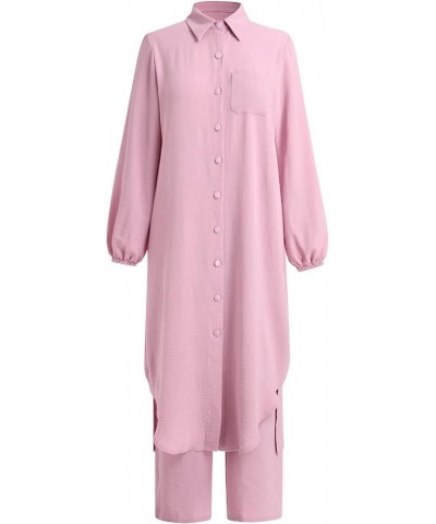 Women's Muslim Suit Long Sleeve Long Shirt Dress with Long Pants Abaya Casual Dubai Outfits Pink $19.32 Suits