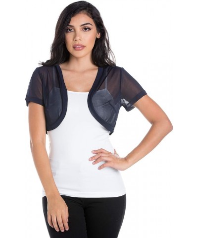 Women Short Sleeves Sheer Chiffon Bolero Shrug Short Cardigan Navy Blue $13.99 Sweaters