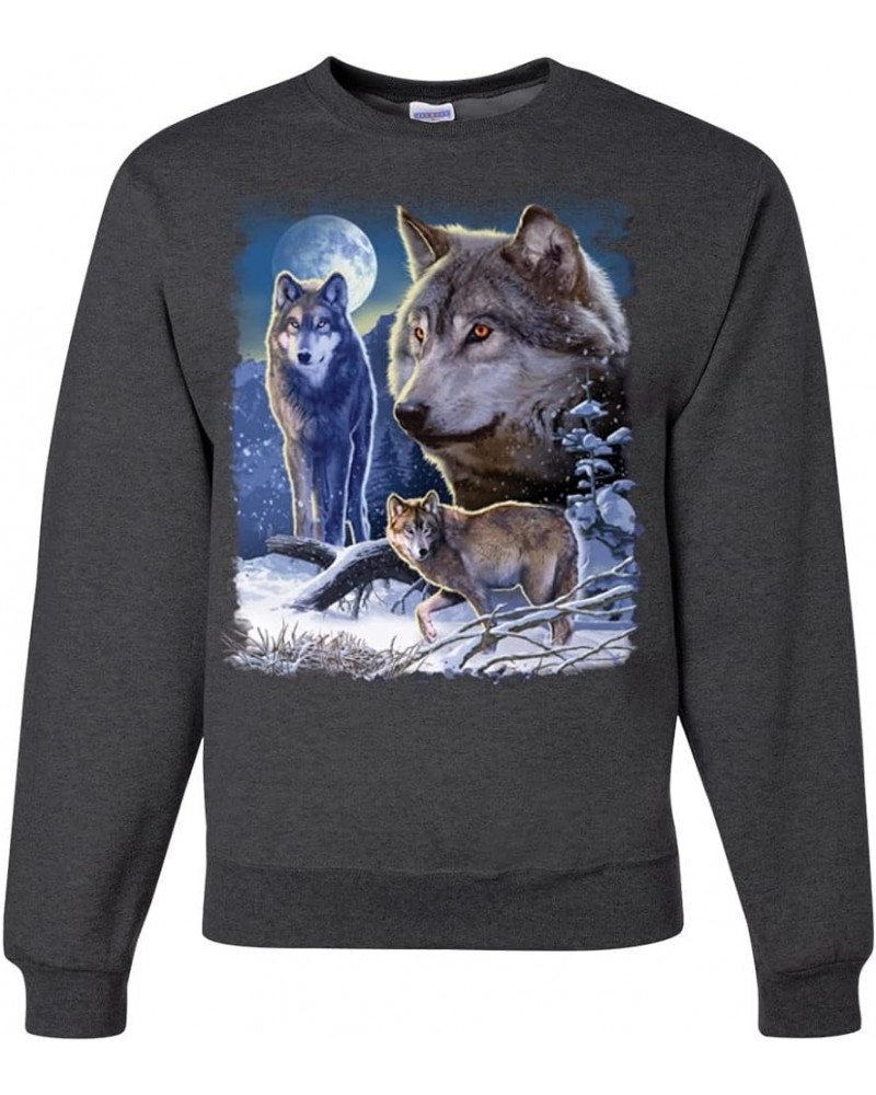 Wolves and The Moon in The Winter Night Animal Lover Unisex Crewneck Graphic Sweatshirt Heather Black $17.32 Hoodies & Sweats...