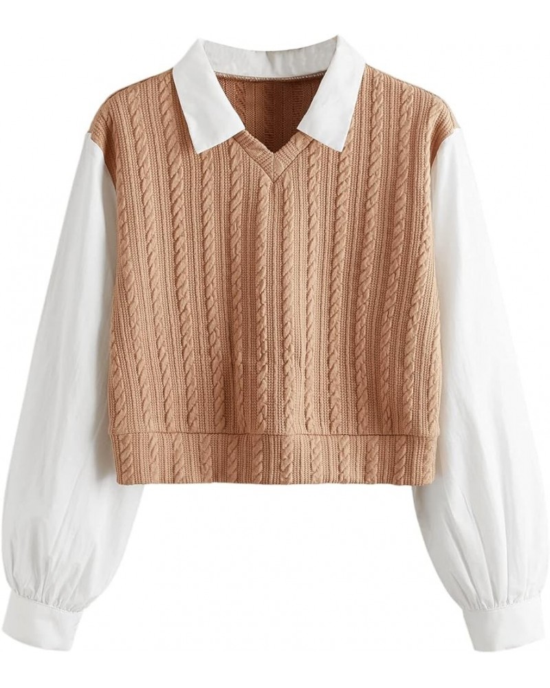 Women's Collar Long Sleeve Shirt Ribbed Knit 2 in 1 Blouse Crop Top Sweater Shirt Top Camel $14.49 Sweaters