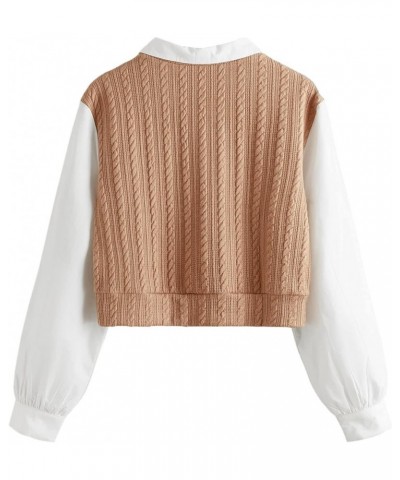 Women's Collar Long Sleeve Shirt Ribbed Knit 2 in 1 Blouse Crop Top Sweater Shirt Top Camel $14.49 Sweaters