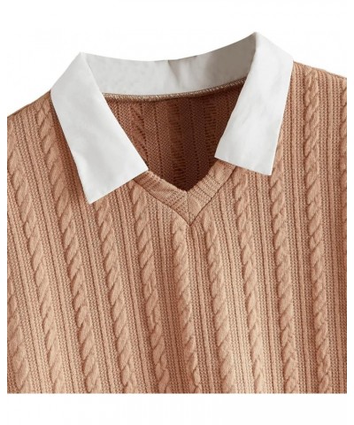 Women's Collar Long Sleeve Shirt Ribbed Knit 2 in 1 Blouse Crop Top Sweater Shirt Top Camel $14.49 Sweaters