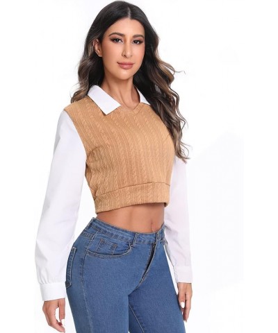 Women's Collar Long Sleeve Shirt Ribbed Knit 2 in 1 Blouse Crop Top Sweater Shirt Top Camel $14.49 Sweaters