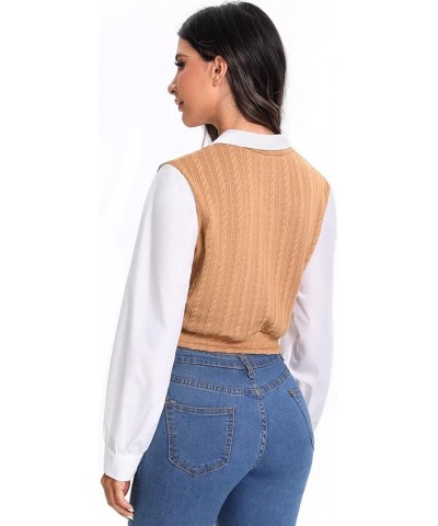 Women's Collar Long Sleeve Shirt Ribbed Knit 2 in 1 Blouse Crop Top Sweater Shirt Top Camel $14.49 Sweaters