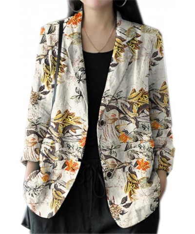 Printed Linen Blazer Jacket for Women Long Sleeve Open Front Suit Business Coat Khaki $14.26 Blazers