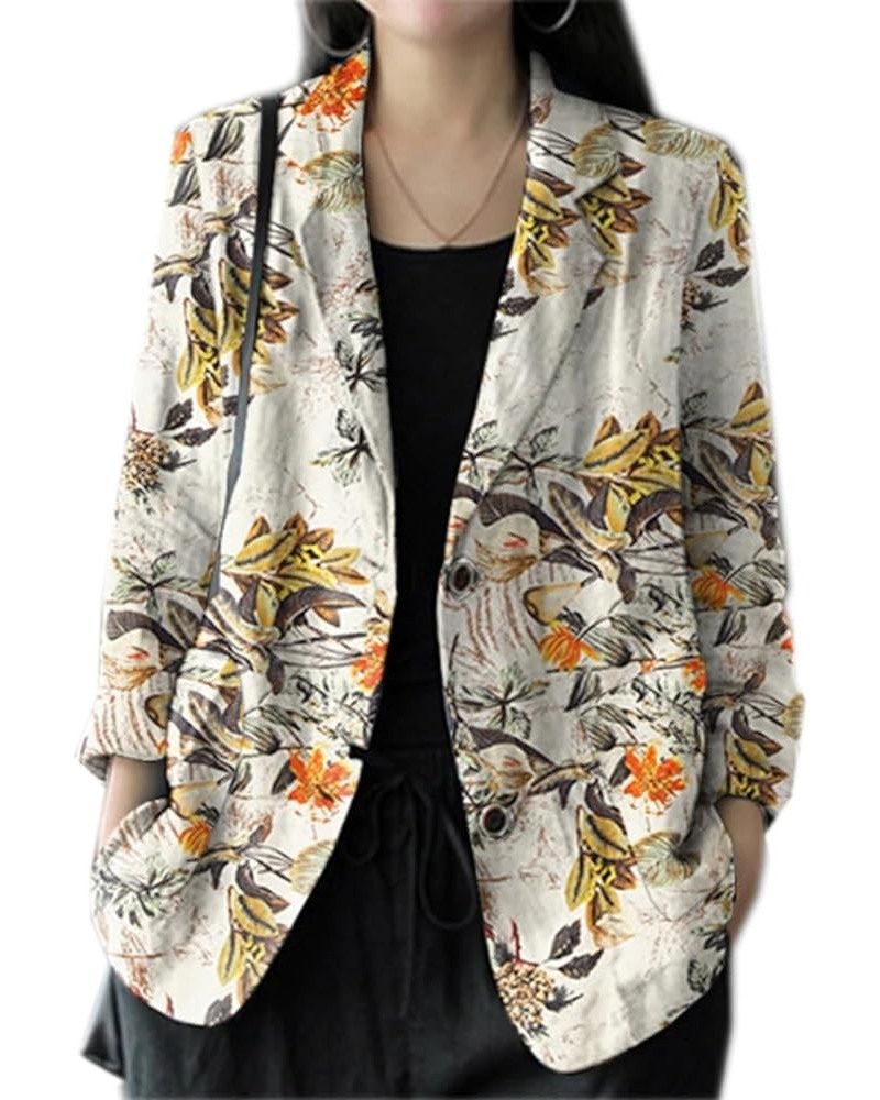 Printed Linen Blazer Jacket for Women Long Sleeve Open Front Suit Business Coat Khaki $14.26 Blazers