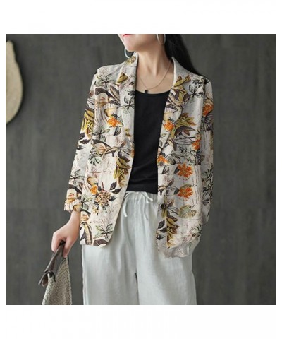 Printed Linen Blazer Jacket for Women Long Sleeve Open Front Suit Business Coat Khaki $14.26 Blazers