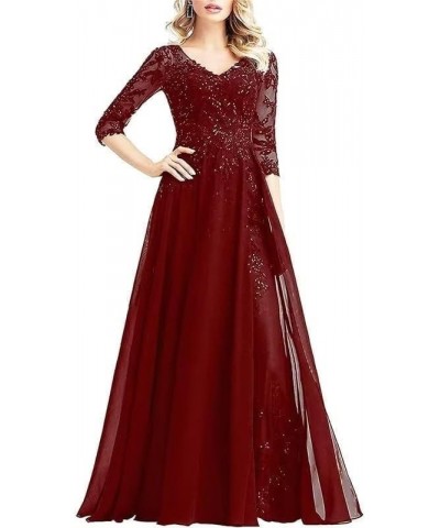 Beaded Appliques Mother of The Bride Dresses with Sleeves Chiffon Long Formal Dresses for Wedding Guest Burgundy $37.50 Dresses