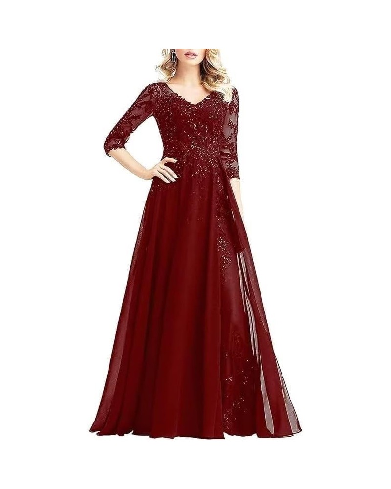 Beaded Appliques Mother of The Bride Dresses with Sleeves Chiffon Long Formal Dresses for Wedding Guest Burgundy $37.50 Dresses