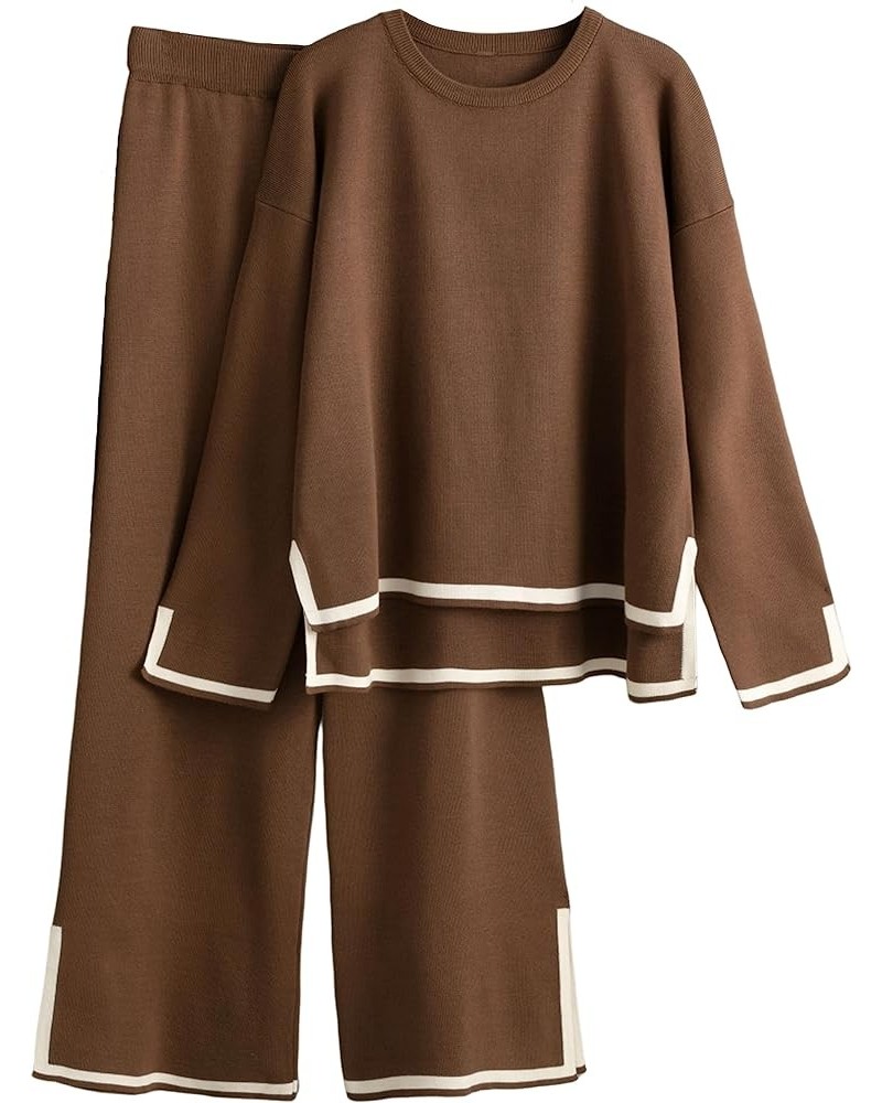 Women's 2 Piece Outfits Long Sleeve Knit Sweater Top Wide Leg Pants Lounge Sets Tracksuits Brown $29.14 Activewear