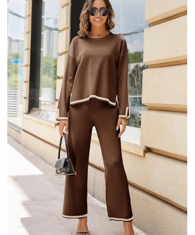 Women's 2 Piece Outfits Long Sleeve Knit Sweater Top Wide Leg Pants Lounge Sets Tracksuits Brown $29.14 Activewear