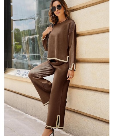 Women's 2 Piece Outfits Long Sleeve Knit Sweater Top Wide Leg Pants Lounge Sets Tracksuits Brown $29.14 Activewear