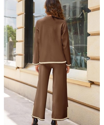 Women's 2 Piece Outfits Long Sleeve Knit Sweater Top Wide Leg Pants Lounge Sets Tracksuits Brown $29.14 Activewear