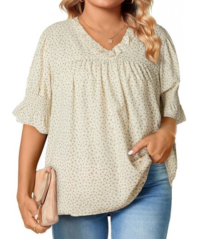 Womens Plus Size Floral Print Blouses V Neck Ruffle Flowy Short Sleeve Shirts Babydoll Casual Tunic Tops(1X-5X) B Apricot $17...