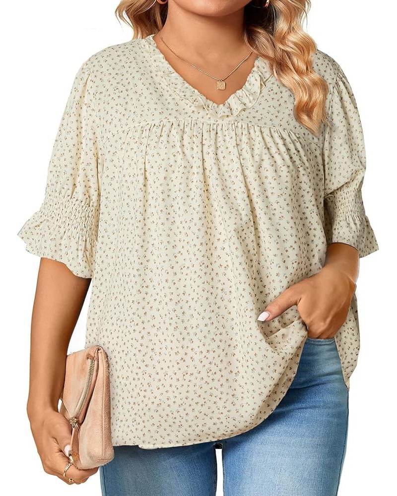 Womens Plus Size Floral Print Blouses V Neck Ruffle Flowy Short Sleeve Shirts Babydoll Casual Tunic Tops(1X-5X) B Apricot $17...