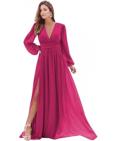 Women's Long Sleeve Bridesmaid Dresses with Slit Long Ruched Formal Evening Party Gown Fuchsia $33.54 Dresses