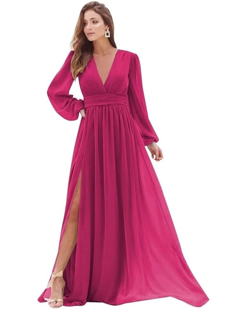 Women's Long Sleeve Bridesmaid Dresses with Slit Long Ruched Formal Evening Party Gown Fuchsia $33.54 Dresses