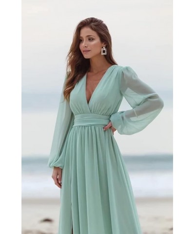 Women's Long Sleeve Bridesmaid Dresses with Slit Long Ruched Formal Evening Party Gown Fuchsia $33.54 Dresses