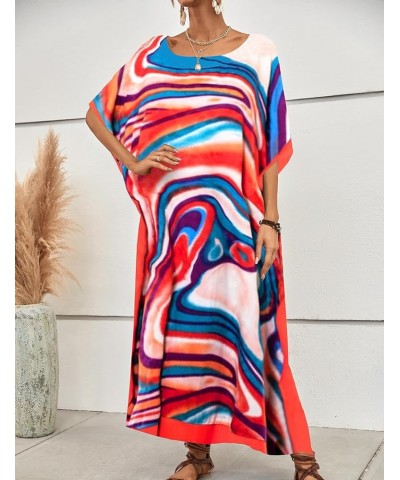 Women Casual Beach Kaftan Dress Short Sleeve Loungewear Caftan Swimsuit Cover Up L-red $16.45 Swimsuits