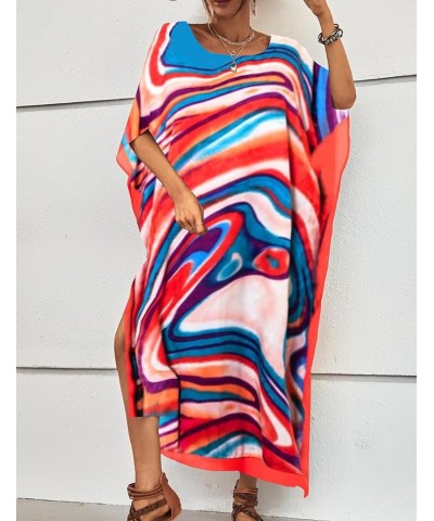 Women Casual Beach Kaftan Dress Short Sleeve Loungewear Caftan Swimsuit Cover Up L-red $16.45 Swimsuits